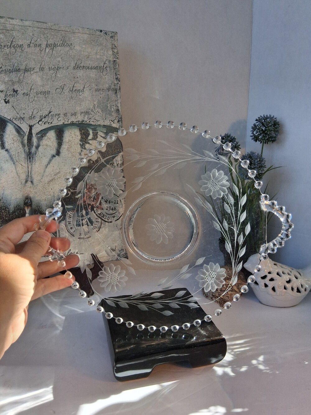 VTG Imperial Glass Candlewick 2-Handled Serving Plate, Cornflower Etched Pattern